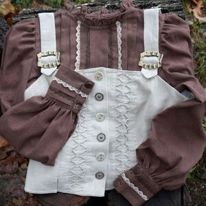 Vintage Brown Cotton Blouse with Puff Sleeves and Vest, Dirndl, Folk, Renfaire